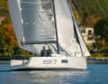 Sporty attitude. Ample sail area, flat underwater hull, long bowsprit