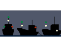 A trawling fisherman under 50 metres in length shows green over white (all-round lights). If it is longer than 50 metres, it also displays a top light. It is pulling a trawl or other fishing gear