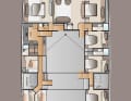 Mögliches Layout der FPY 110 S inklusive Eignersuite zwischen den Rümpfen unterhalb des Salons. Der Eigner hat selbstverständlich eine Vialzahl an Optionen. Das Crewquartier wurde für sieben Personen ausgelegt.