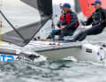 Helge and Christian Sach are in the lead of the F18 after day one, hoping that the wind will remain rather light.