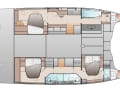 Three cabins and three bathrooms, open aft cabin, two entrances in the port hull.