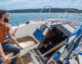 The Traveller helps to clear the companionway in the harbour, it is too short for trimming