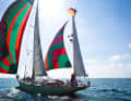 Unmistakable: light green hull, golden boom, orange-green huge gennaker and mizzen staysail. This is how the "Germania VI" can be found on the world's oceans