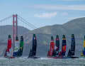 The SailGP fleet in front of the Golden Gate Bridge in San Francisco.