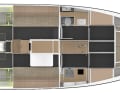 Der Kajütplan zeigt die enorme Breite, auch schon im Vorschiff. Pantry und Nasszelle liegen vorm Hauptschott, dahinter der Salon. Achtern gibt es nur Rohrkojen und Stauraum. Hier werden Rumpf und Deck roh bleiben, ohne Topcoat | Rendering: Judel/Vrolijk
