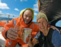 Tapio Lehtinen after his rescue on "Minnehaha". The greeting was in Finnish and involved a good swig of rum