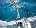 Extended: The bowsprit is essential for the Code Zero. The simple aluminium tube is extended downwards and sideways to the hulls