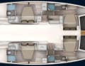 Standard layout with 4 cabins and 4 bathrooms. The double berths are all installed at right angles to the direction of travel