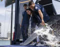 Orient Express CEO Gilda Perez-Alavarado and skipper Quentin Delapierre christen the Cup yacht "Orient Express"
