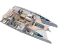 The sectional drawing shows options for the layout below deck. The layout is determined by the customer. The dinghy integrated in the foredeck is a special feature.