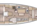 Version with three cabins and a toilet room. The aft berths are rectangular and 1.50 metres wide along their entire length