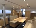 The kitchen unit is recessed to the side. The mast support stands in the centre of the room, but provides a welcome place to hold on to.