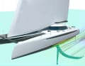 Ab 13 Knoten Wind hebt der Carbon-Kat auf 20 Zentimeter Höhe ab und läuft dann 20 Knoten. Das Flight Control System von Gomboc reguliert die Flughöhe automatisch, auch mithilfe von T-Foils an den Ruderblättern.