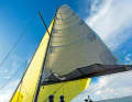 The optional carbon fibre rig only needs one spreader. The backstay has to make way for the flared mainsail