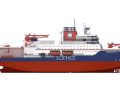 The side view with the typical hull shape of an icebreaker.