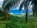 From the green mountain slopes, the view falls down to the crater-shaped anchor bay of Taiohae on the south coast of Nuku Hiva