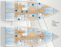With three or four cabins: The foredeck can be converted into a large owner's area with separate toilet rooms or, for more intensive use, with two double cabins, each with its own bathroom. The galley takes up a comparatively large amount of space. The service duct between the aft cabins is a full 73 centimetres wide | Drawing: YACHT/N. Campe
