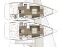 Oceanis 37: Mit zwei- oder drei Kabinen zu haben. Erstgenannte mit sehr großer Nasszelle und Koje achtern quer. Segelt steif | Zeichnung: A. Hoppenhaus