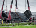 Project 410: Here you can see the 61 metre long main section of the 85 metre long aluminium hull. Shooting in front of the Royal Huisman hangar gates in Vollenhove was great cinema