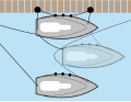 The fore and aft lines of the departing boat are taken in and speed is given ahead. The shore line of the outward-lying boat is now hauled tight and all other lines are taken up again. As an alternative to the shore line, the outside boat can also be hauled to the centre cleat of the inside boat with a line