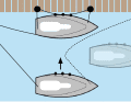 In diesem Beispiel fährt das Boot nach vorn aus dem Päckchen heraus. Daher löst das außen liegende Schiff die vordere Landleine und führt sie um das Heck (bei Rückwärtsfahrt um den Bug) des ausfahrenden Bootes herum. Achtung, sie darf nicht lose im Wasser hängen, sonst könnte sie in die Schraube geraten
