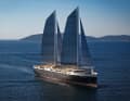 The "Neoliner Origin" on her first voyages under sail: The colourful sailboat has two mainsails, each with 1050 square metres, and two jibs, each with 450 square metres.