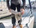 Release the holding hand and pull the waistband through itself with the working hand. This can be a little tricky with so much and such strong cordage. To open, grasp the pulled-together parts and pull
