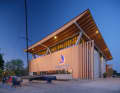 View of the Red Bull Sailing Academy building in Marina Monfalcone, located between Grado and Trieste.