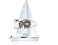 Low weight and a long waterline are advantages. In rough seas, however, the low ballast ratio and the large width have a negative impact