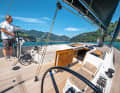 Extensive:The two wheels are positioned as far out as possible. This gives the helmsman the best possible view. Folding seats are available as an option