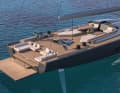 The bathing platform folds down hydraulically in two sections and raises a 20 square metre beach club area on two levels