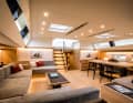 Salon, view aft: The first owner wanted a domestic ergonomic design and, in this sense, particularly deep sofas