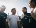 Twice "Holcim-PRB" with Nico Lunven (left) and helmsman Franck Cammas (2nd from right) and twice "Allagrande Mapei Racing" with skipper and helmsman Ambrogio Beccaria and Thomas Ruyant (right).