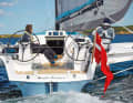 Spacious: Measured against the narrow waterline of the main hull, the cockpit is spacious. A tailgate is available on request