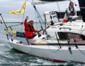 "Sharifa"-Skipper Rasmus Töpsch winkt zum Transquadra-Start