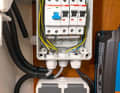 Combined RCD/LCB. The residual current circuit breaker must disconnect both the phase conductor L and the neutral conductor N, but the protective conductor PE must not be disconnected. Otherwise, current could flow through a person into the PE conductor without the RCD tripping. The fuses only disconnect the outer conductor