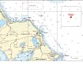 Die neue LNG-Reede Nordperd vor der Ostküste Rügens. Koordinaten: 54° 25,500'N 013° 45,785'E; 54° 25,500'N 013° 49,215'E; 54° 23,500'N 013° 49,215'E; 54° 23,500'N 013° 45,785'E