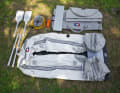The equipment includes a foot pump that can be switched to high pressure. Instructions and valve spanner are missing. All-round scuff plate