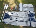 Only dinghy with double lift floor pump. Aluminium bench seat. The adhesive is missing from the repair kit. One holder for external petrol tank, many handles