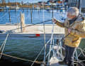 The mooring lines can be cut to the correct length using the boat hook