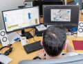 Sebastian Wache at his desk in one of the WetterWelt offices in Kiel. This is where both the forecasts for the radio and the routings for skippers are produced.