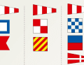 Bei Code Papa Bravo (l.) werden Minen geräumt. Übungen zeigen die Flaggen Code Uniform Yankee (M.) an. Code November Echo Four (r.) weist auf Schießübungen hin.