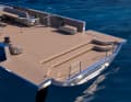 Widening. The aft section of the bulwark can be folded down, enlarging the aft deck to create a gigantic staging area