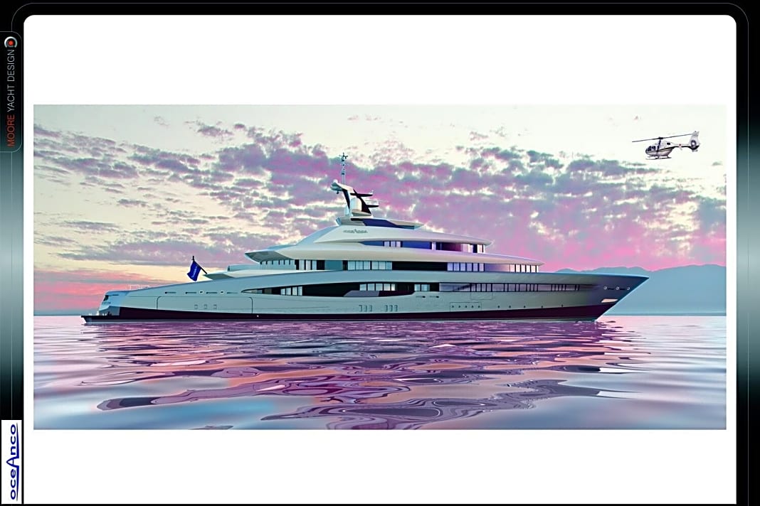 Oceanco arbeitet mit vielen Yachtdesignern zusammen, um ihre erfolgreiche 80-m-Plus-Plattform weiter-zuentwickeln. Eines der jüngsten Konzepte der holländischen Werft, die in den letzten Jahren mit Formaten wie "Alfa Nero", "Vibrant Curiosity", "Anastasia" und "Seven Seas" für viel Aufsehen sorgte, ist ein 85,75 Meter langes Projekt aus den Rechnern des Büros Moore Yacht Design mit Sitz im englischen Bath.