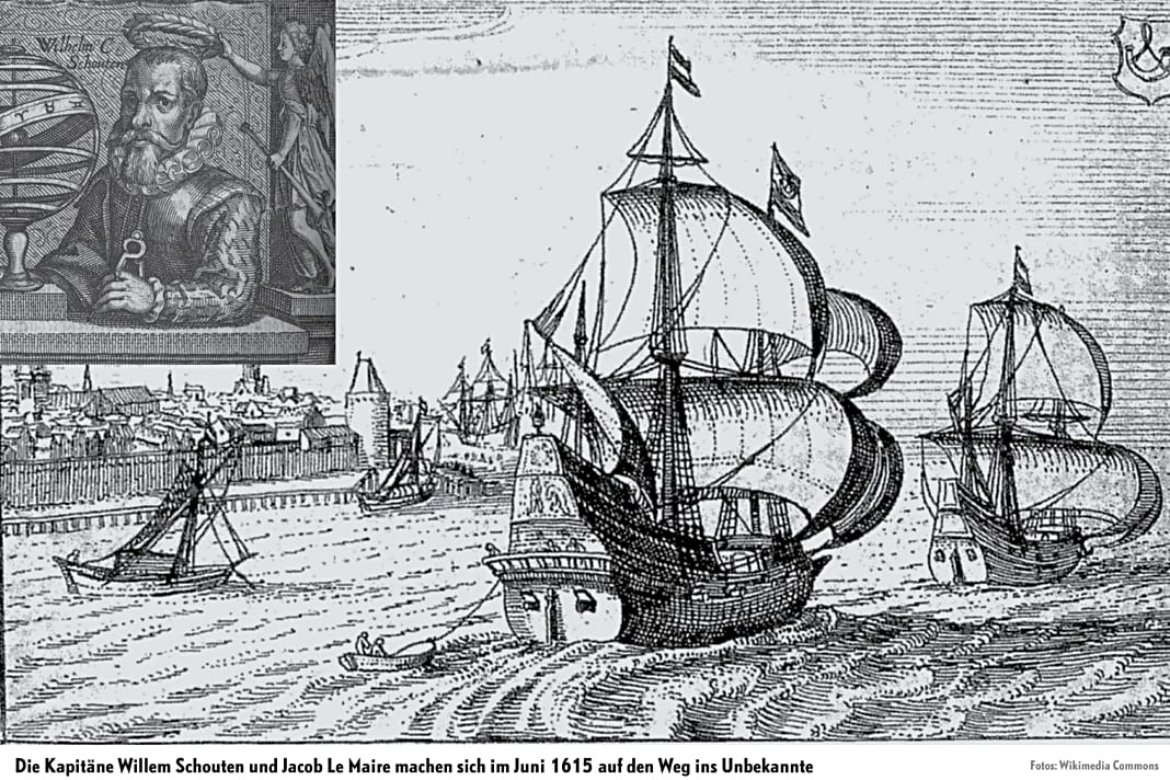 Die Kapitäne Willem Schouten und Jacob Le Maire machen sich 1615 von Texel aus mit ihren Schiffen "Hoorn" und "Eendracht" auf den Weg ins Unbekannte. Ein Jahr später werden sie das Kap südlich von Feuerland entdecken und es "Kap Hoorn" nennen.