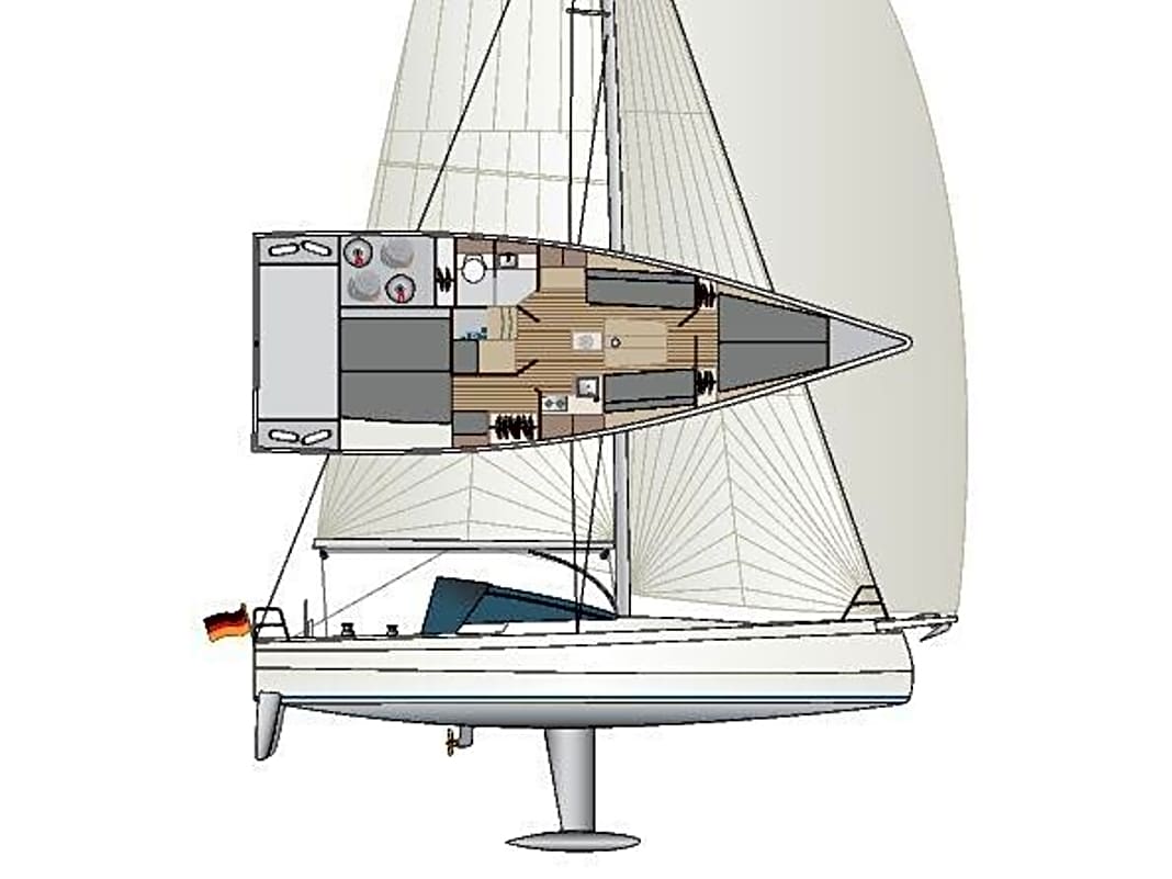 Innen- und Außenlayout der Bente 39 in der Version Ocean Challenger mit Squarehead-Großsegel