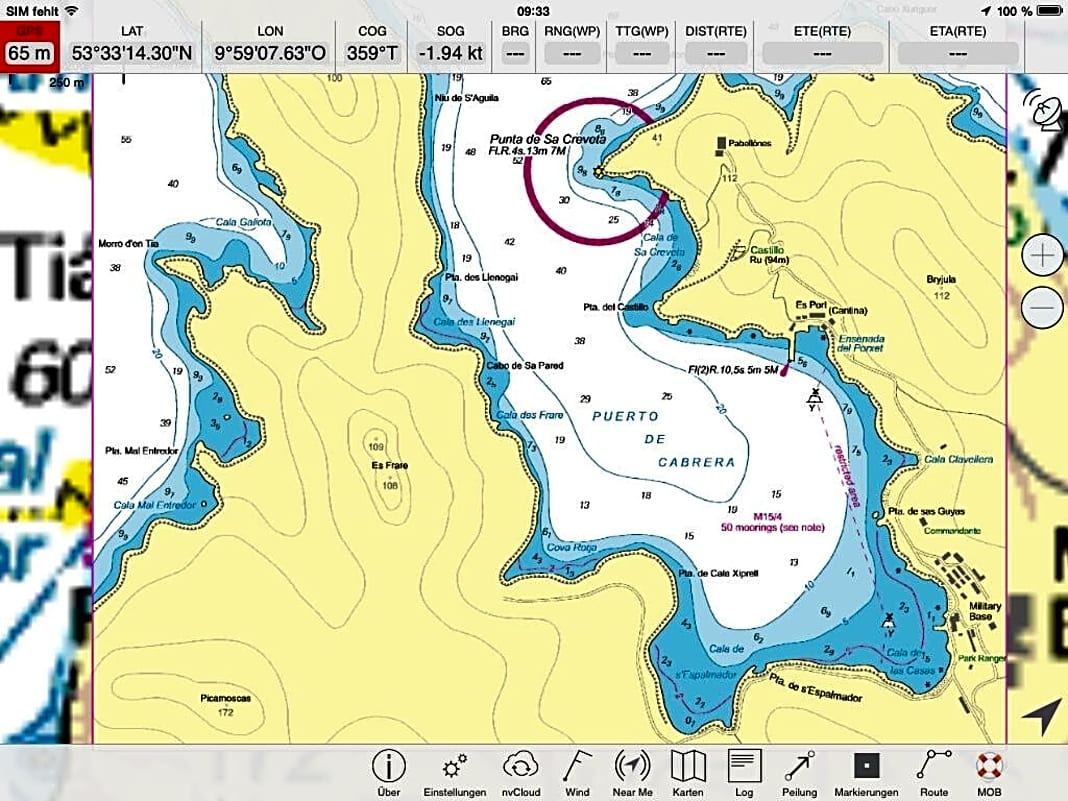 Die Bucht in der Karte des NV-Verlages. Typisch Rasterkarte: Da es sich um einen Detialplan handelt, sind an den Rändern die unscharfen Teile der zu sehr reingezoomten Seekarte zu sehen. Weitere Infos gibt es in den Mittelmeerkarten des Anbieteres nicht, die Nordeuropa-Karten enthalten gute Zusatzinfos zu vielen Häfen und Buchten
