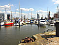 Bremerhaven: Lloyd Marina Bremerhaven mit Sail City und Klimahaus im Hintergrund.