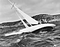 Segelboot FRAM I, Registrierungsnummer C-76 mit 12,5 Quadratmeter Segelfläche, Kronprinz Haralds erstes Segelboot, Baujahr 1948. Teilnahme an den ersten internationalen Meisterschaften auf Hankø 1951