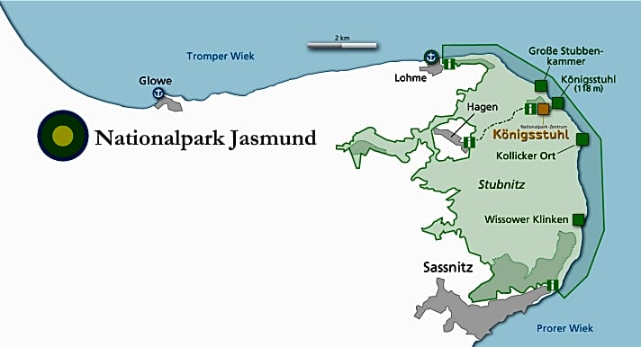   Karte des Nationalparks Jasmund im Nordosten Rügens.
